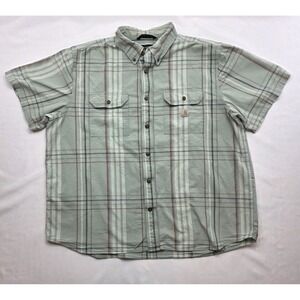 Carhartt Men's Loose Fit Midweight Short Sleeve Sage Green Plaid Shirt. Size 2XL